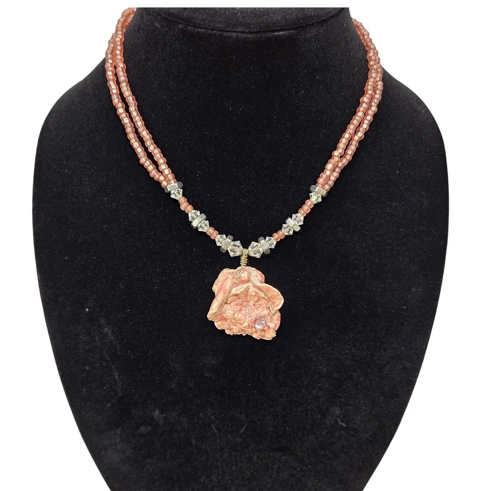 Pink Rose Pendant‎ Necklace Two Strand Seed Bead Crystal Accent Toggle Clasp